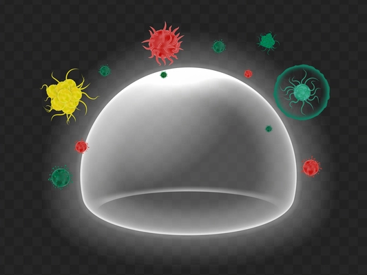 Glowing defense antiviral bubble dome protecting from virus particles and infection realistic composition on dark transparent background vector illustration