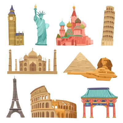 World landmarks flat icons decorative set with colosseum taj mahal pisa tower isolated vector illustration