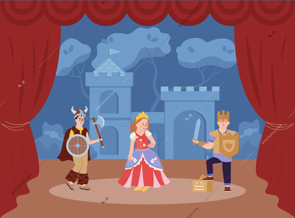 Kids acting in fairytale play on stage wearing costumes of knight viking and princess flat vector illustration