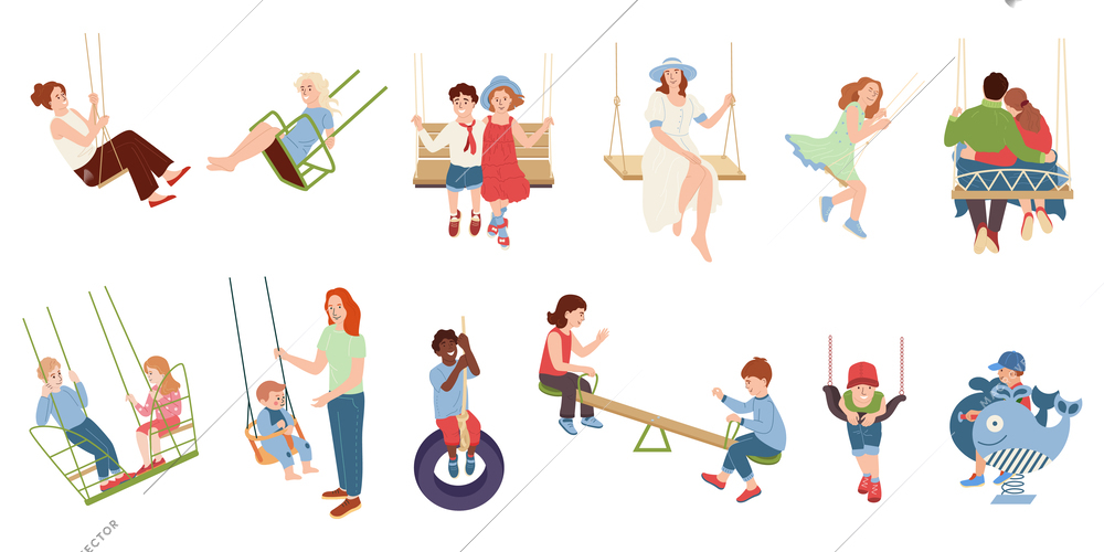 Happy human characters of adults and kids swinging on swings flat icons set isolated vector illustration