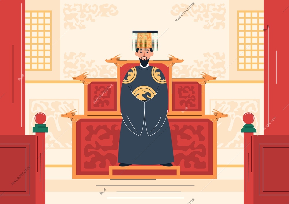 Royal family flat composition with indoor scenery and front view of king wearing hanbok on throne vector illustration