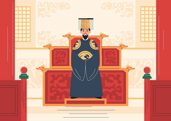 Royal family flat composition with indoor scenery and front view of king wearing hanbok on throne vector illustration