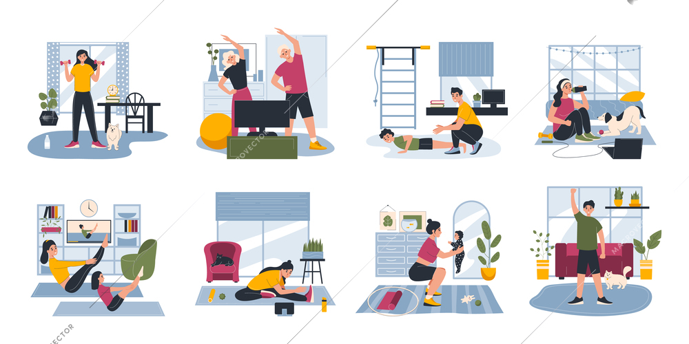 Home workout set of eight compositions with flat human characters home interiors and human characters exercises vector illustration