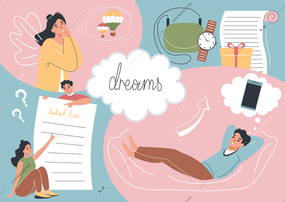 Wish list collage with favorite dream symbols flat vector illustration