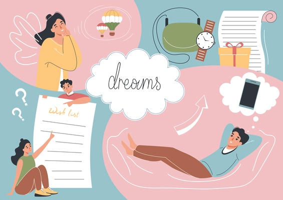 Wish list collage with favorite dream symbols flat vector illustration