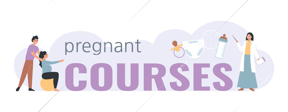 Pregnant courses concept with activity text symbols flat  vector illustration