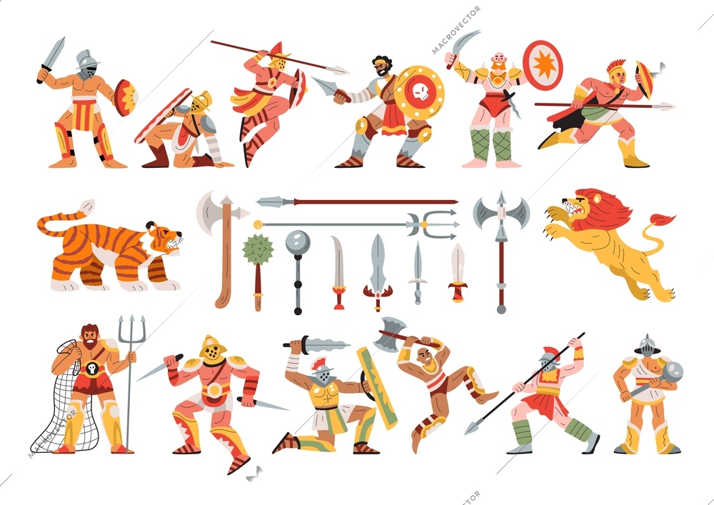 Gladiator fights flat set of isolated icons with ancient weapons armour and characters of roman fighters vector illustration