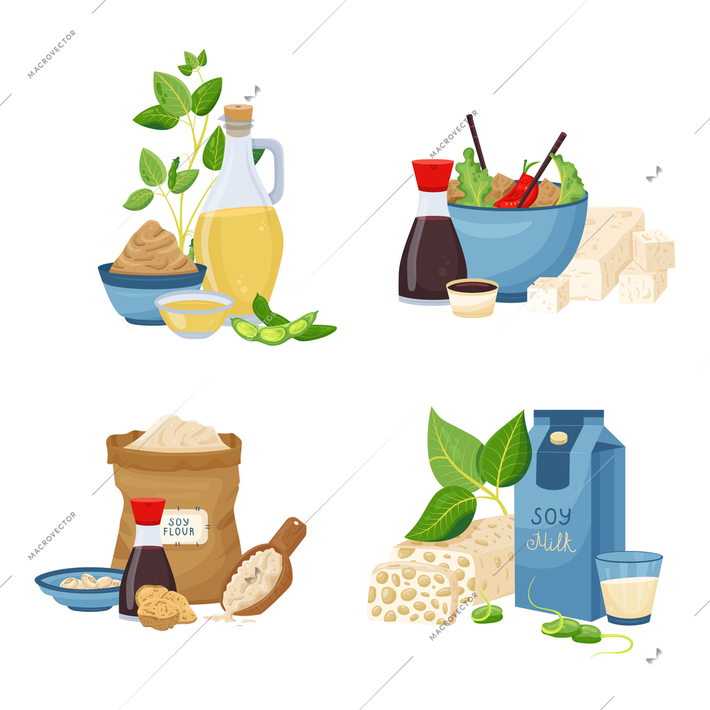 Soy products 2x2 set soya milk sauce flour tempeh tofu miso paste beans flat isolated vector illustration