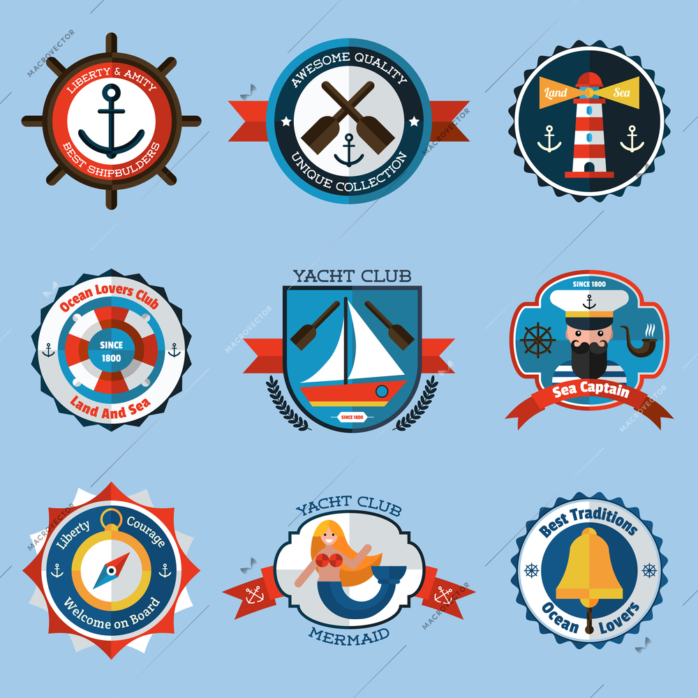 Nautical labels ship travel sea vacation set isolated vector illustration