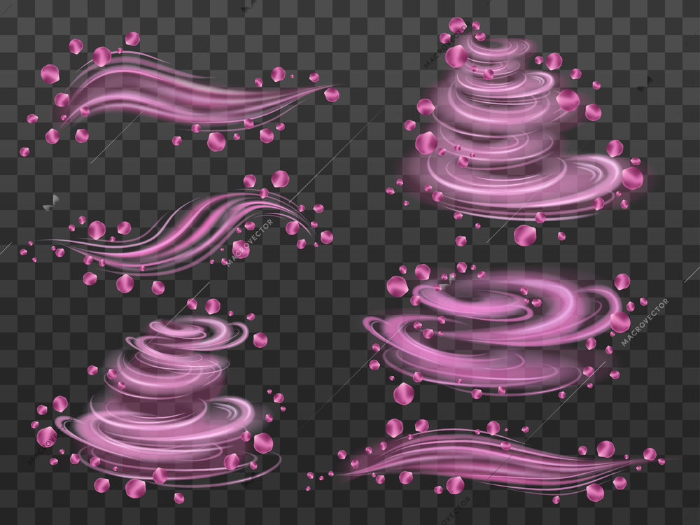 Wind vortex transparent set with pink flower symbols realistic isolated vector illustration