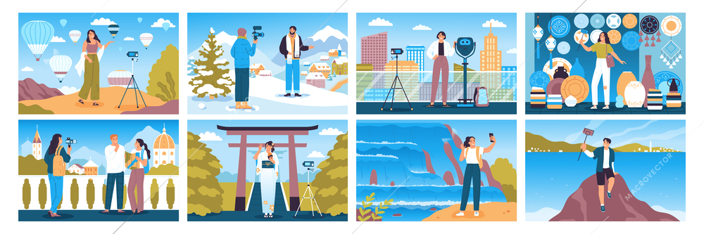 Travel blogger set with eight horizontal compositions with famous landmarks wild sceneries people and filming equipment vector illustration