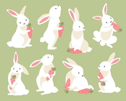 Cute rabbits with carrot in different poses cartoon set isolated on light green background vector illustration