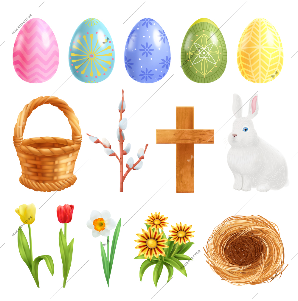 Realistic easter set with isolated images of colorful ornate eggs basket nest bunny and spring flowers vector illustration