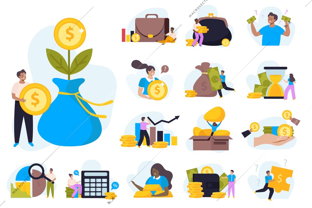 Financial diversification set with plan and strategy symbols flat isolated vector illustration