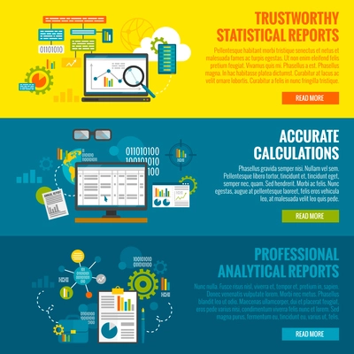 Data analytics horizontal banner set with statistics reports and calculations flat elements isolated vector illustration