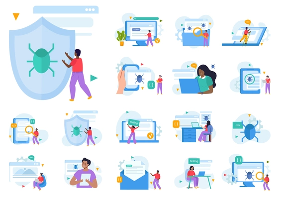 QA engineer set with algorithm testing symbols flat isolated vector illustration