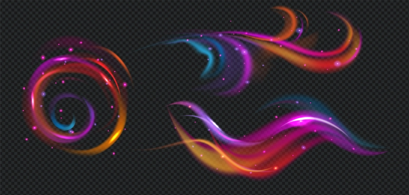 Realistic wind swirls rainbow set with isolated neon colored air puffs shiny particles on dark background vector illustration