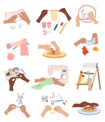 Hands craft flat icons collection with isolated compositions of human hands tools and ready handmade products vector illustration