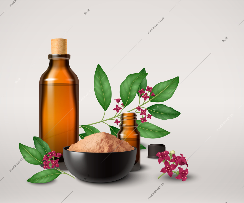 Sandalwood realistic colored composition consisting of bottle with oil bowl with powder and tree branches vector illustration