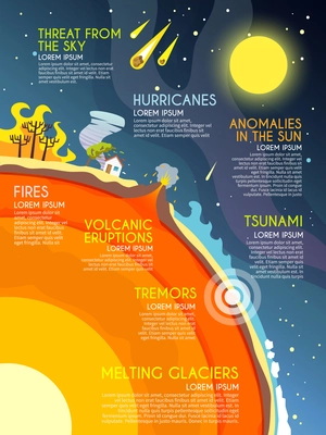 Natural disaster infographics set with fires volcanic eruption melting glaciers elements vector illustration
