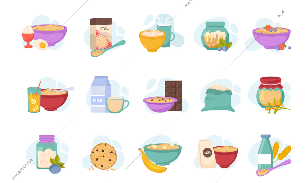 Oatmeal set of isolated compositions with food product icons served dishes and ingredients on blank background vector illustration