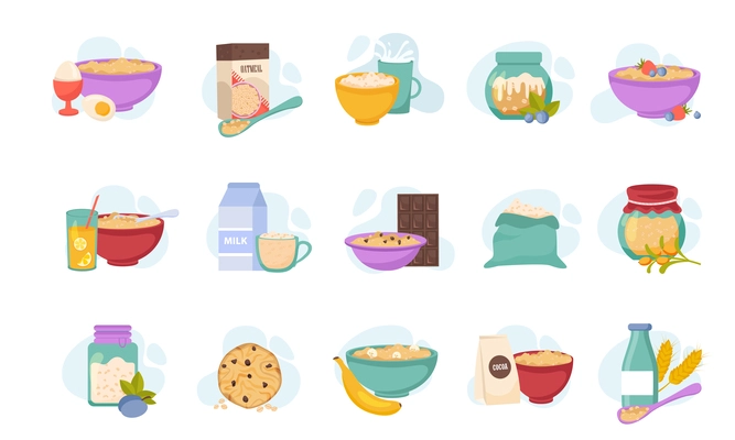 Oatmeal set of isolated compositions with food product icons served dishes and ingredients on blank background vector illustration