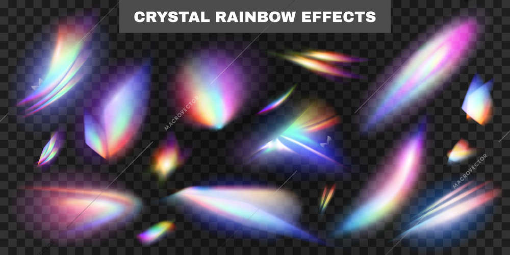 Realistic crystal rainbow effects transparent set with isolated refraction lights blurred spots of color with text vector illustration