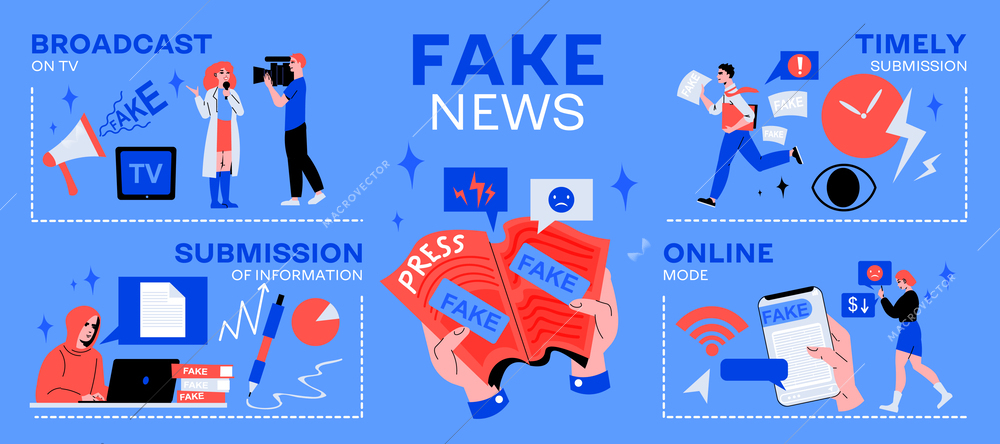 Fake news infographics with editable text captions and isolated compositions of doodle icons and human characters vector illustration