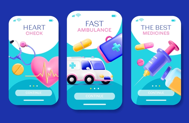 3d cartoon medicine set of three vertical compositions with page switch buttons editable text and images vector illustration