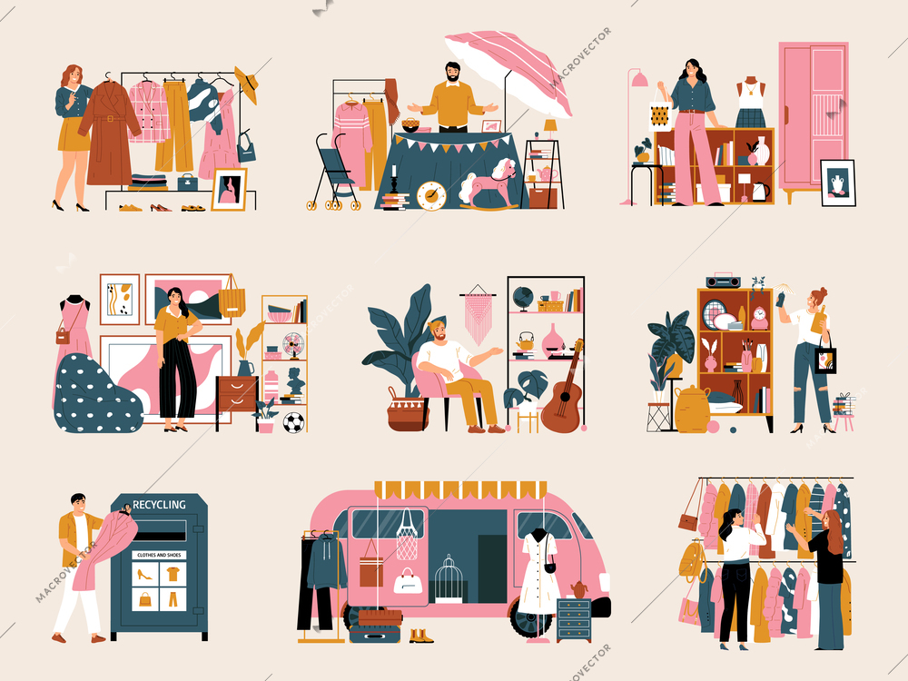 Second hand and sunday market color icons set isolated vector illustration