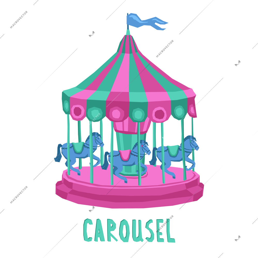 Retro style entertainment park carousel with spinning horses isolated on white background vector illustration