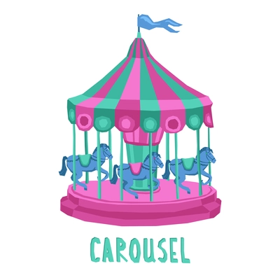 Retro style entertainment park carousel with spinning horses isolated on white background vector illustration