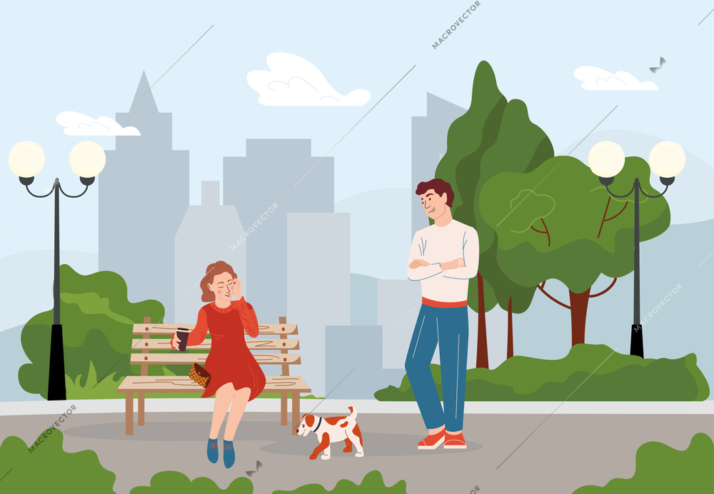 Coffee people composition with flat cityscape and park scenery with girl drinking with guy and dog vector illustration