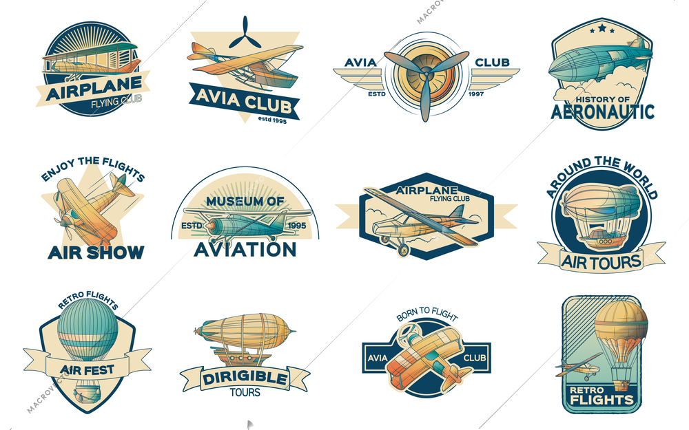 Aeronautics retro vintage aircraft transport emblems set with isolated compositions of ribbons text and air ships vector illustration