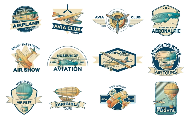 Aeronautics retro vintage aircraft transport emblems set with isolated compositions of ribbons text and air ships vector illustration