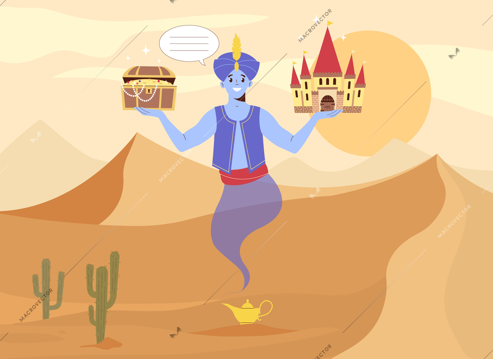 Fairy tale flat composition with desert scenery and flying jinn character holding treasures with thought bubble vector illustration