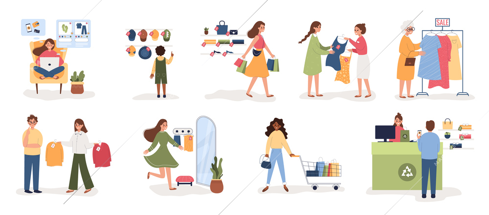 Shopping people flat set with isolated compositions of human characters newly bought goods clothes and bags vector illustration