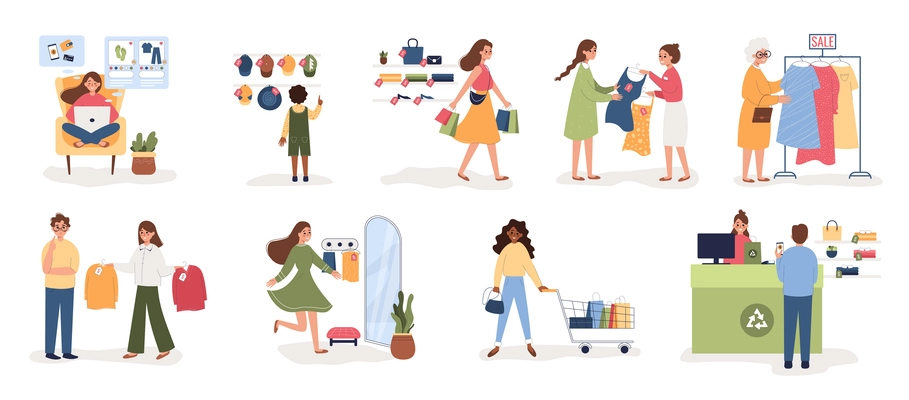 Shopping people flat set with isolated compositions of human characters newly bought goods clothes and bags vector illustration