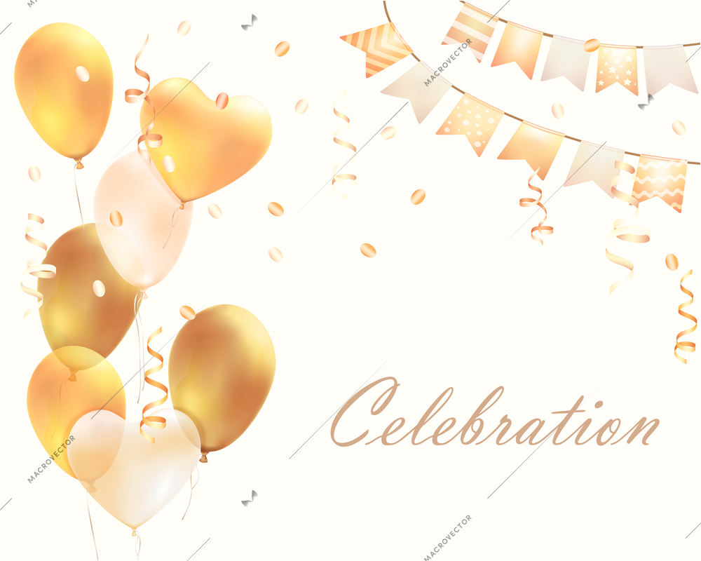 Celebration party background with balloons and ribbons symbols realistic vector illustration
