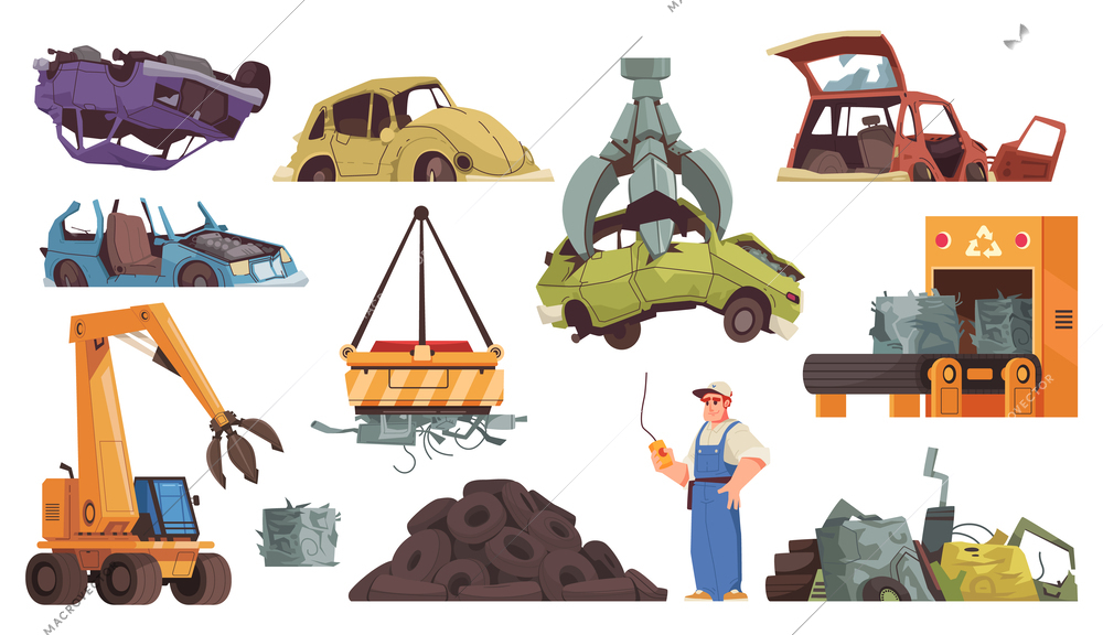 Car dump cartoon icons set with broken and crushed autos landfill isolated vector illustration