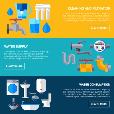 Water supply economy and consumption horizontal banners set isolated vector illustration