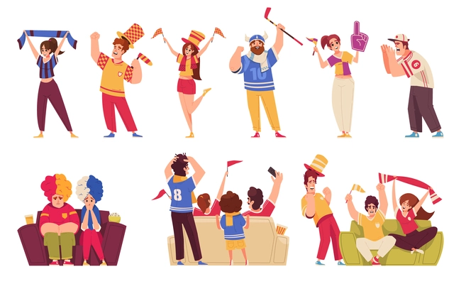 Sports fan cartoon icons set with happy people celebrating team victory isolated vector illustration