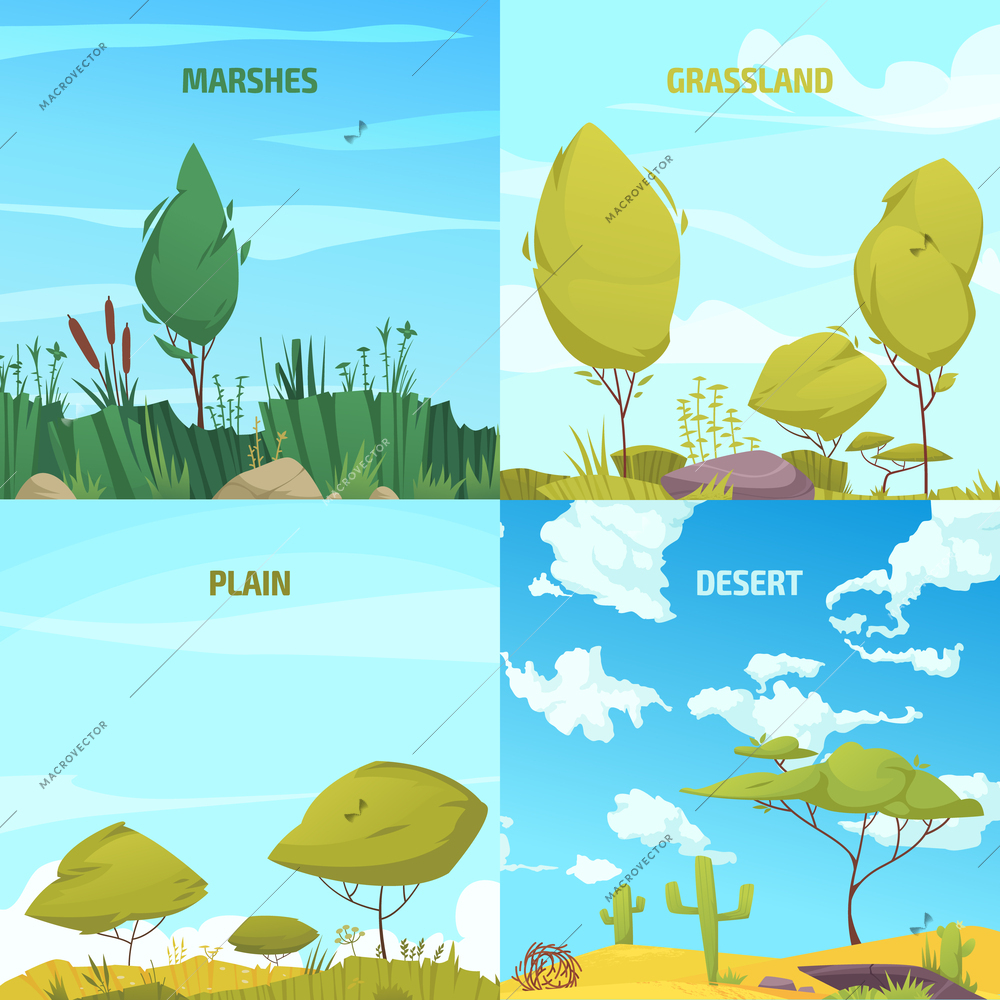 Ecosystem types cartoon set with marshes and grassland system compositions isolated vector illustration