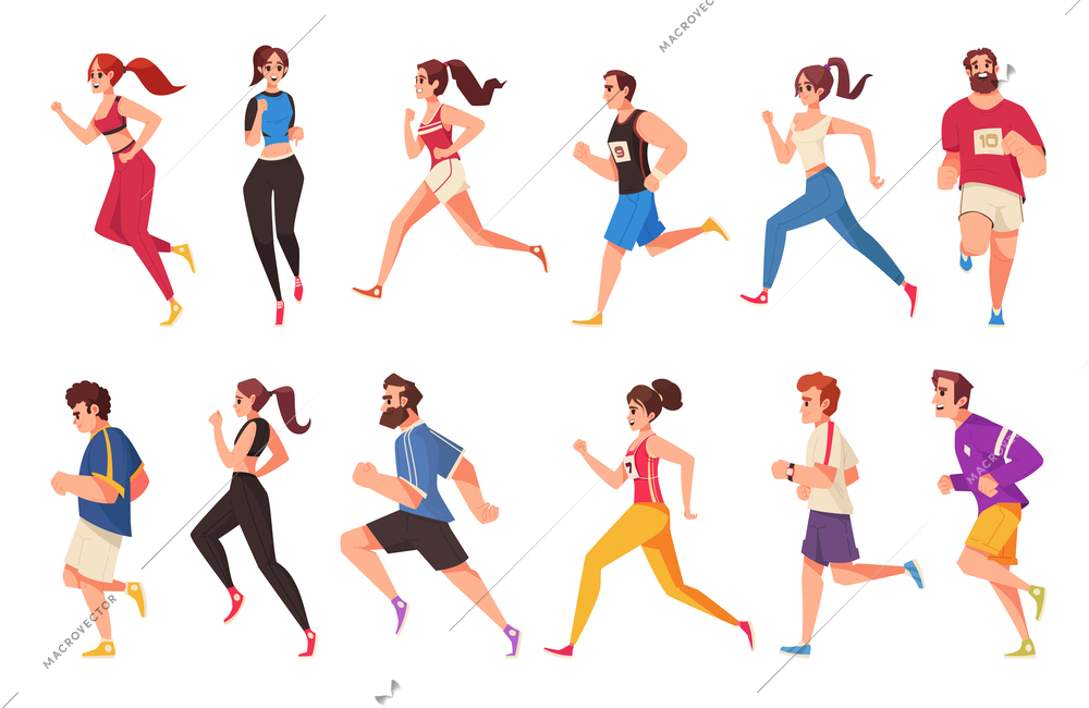 City runners cartoon icons set with people running marathon isolated vector illustration