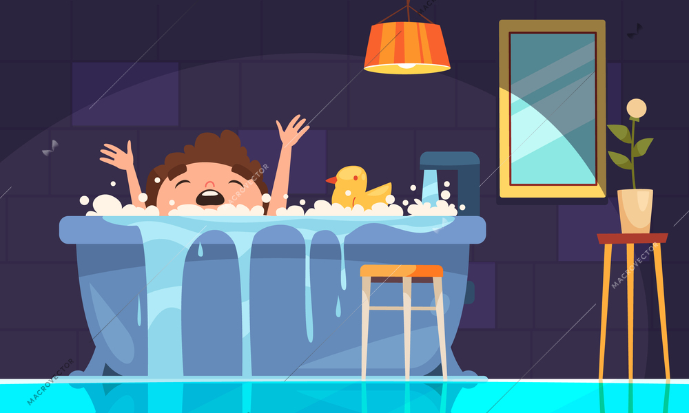 Kids danger cartoon poster with boy sinking in bath vector illustration