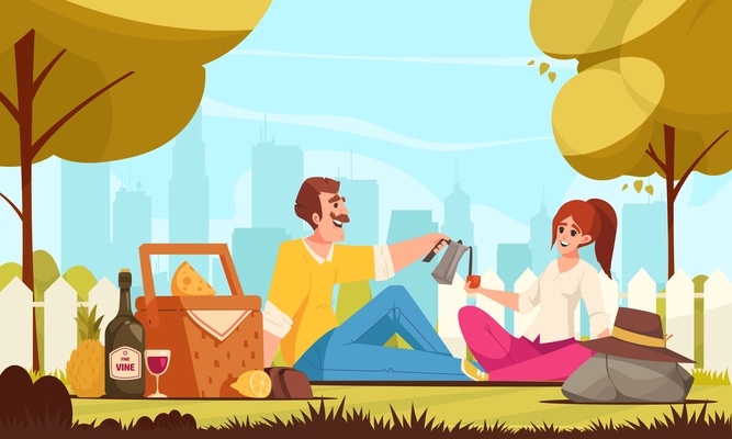 Picnic cartoon concept with happy couple having romanti meal outdoor vector illustration