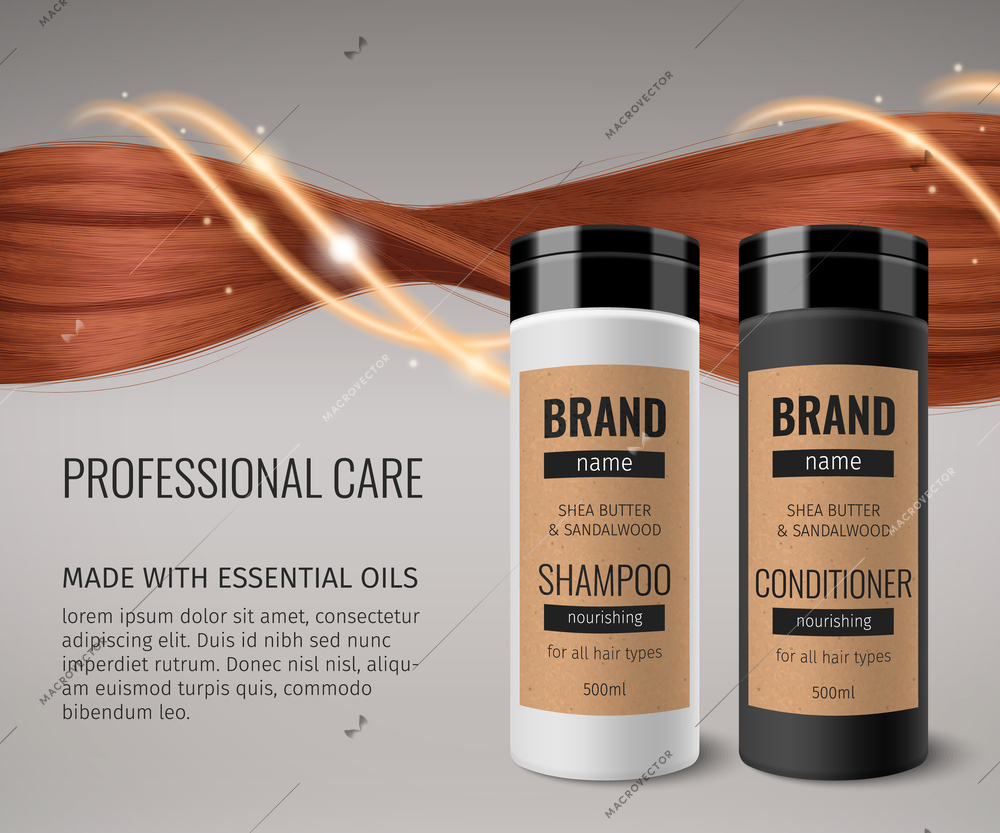 Realistic cosmetics poster with brown hair curl and shampoo bottle vector illustration