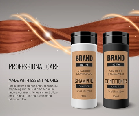 Realistic cosmetics poster with brown hair curl and shampoo bottle vector illustration