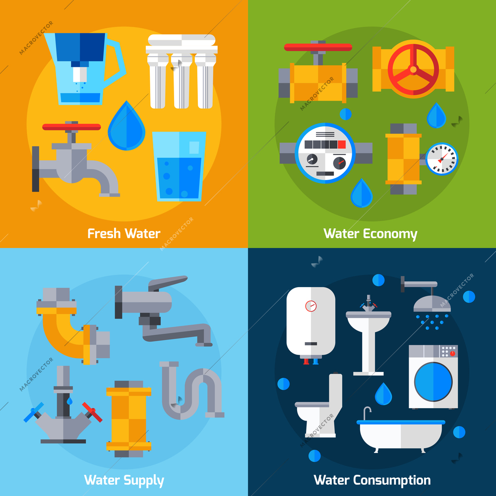 Water supply design concept set with economy and consumption flat icons isolated vector illustration