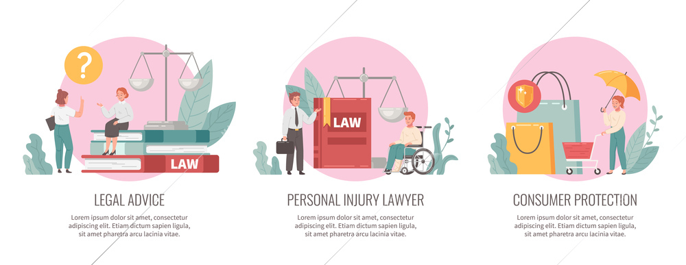 Lawyer cartoon compositions set with legal services symbols isolated vector illustration